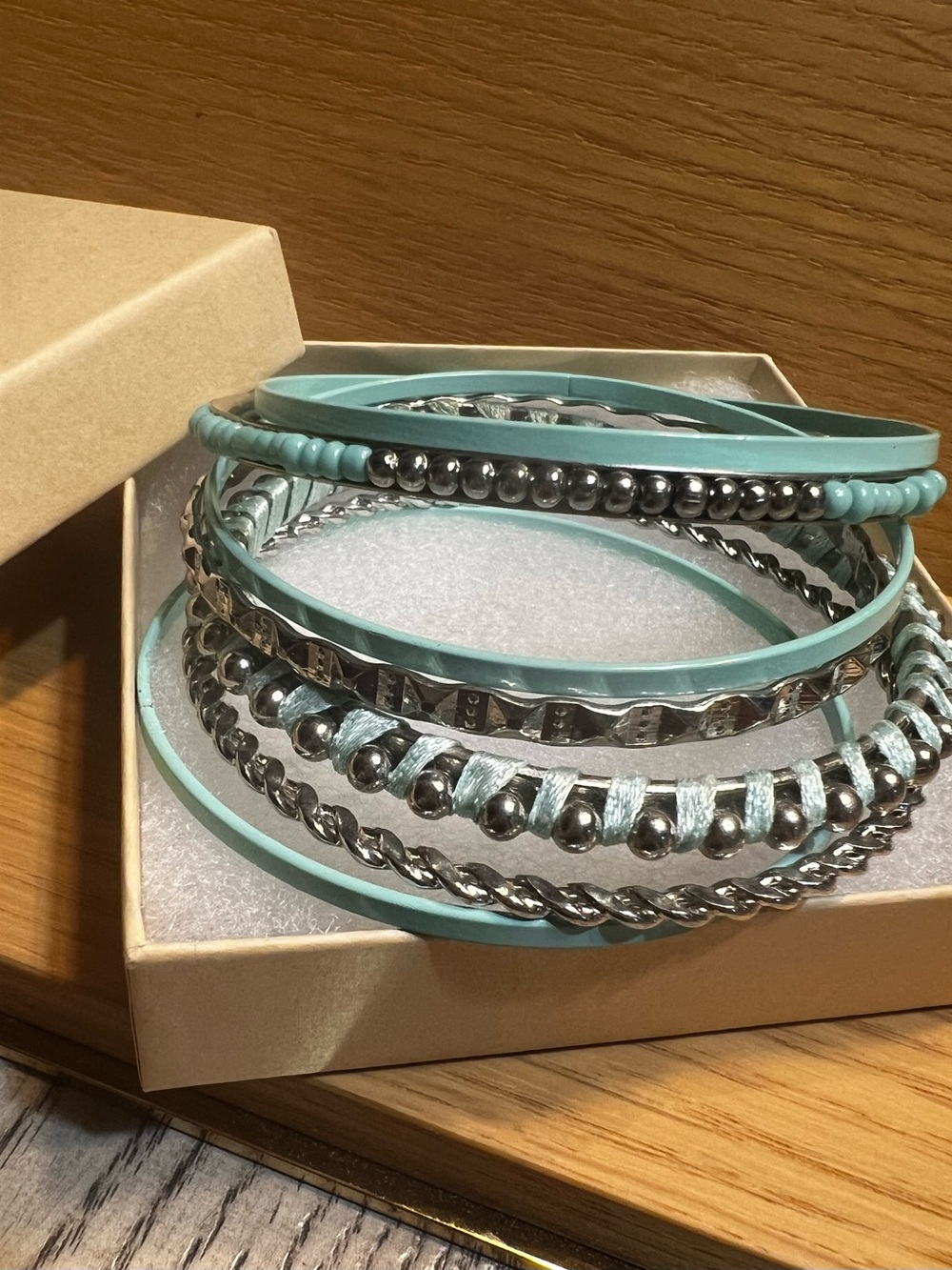 Turquoise and silver tone women’s bangles Stack set of 7